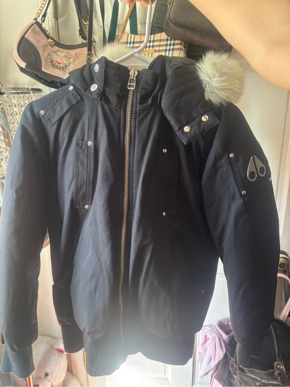 Women’s Black Moose Knuckle Hooded puffer coat with white Fur Trim